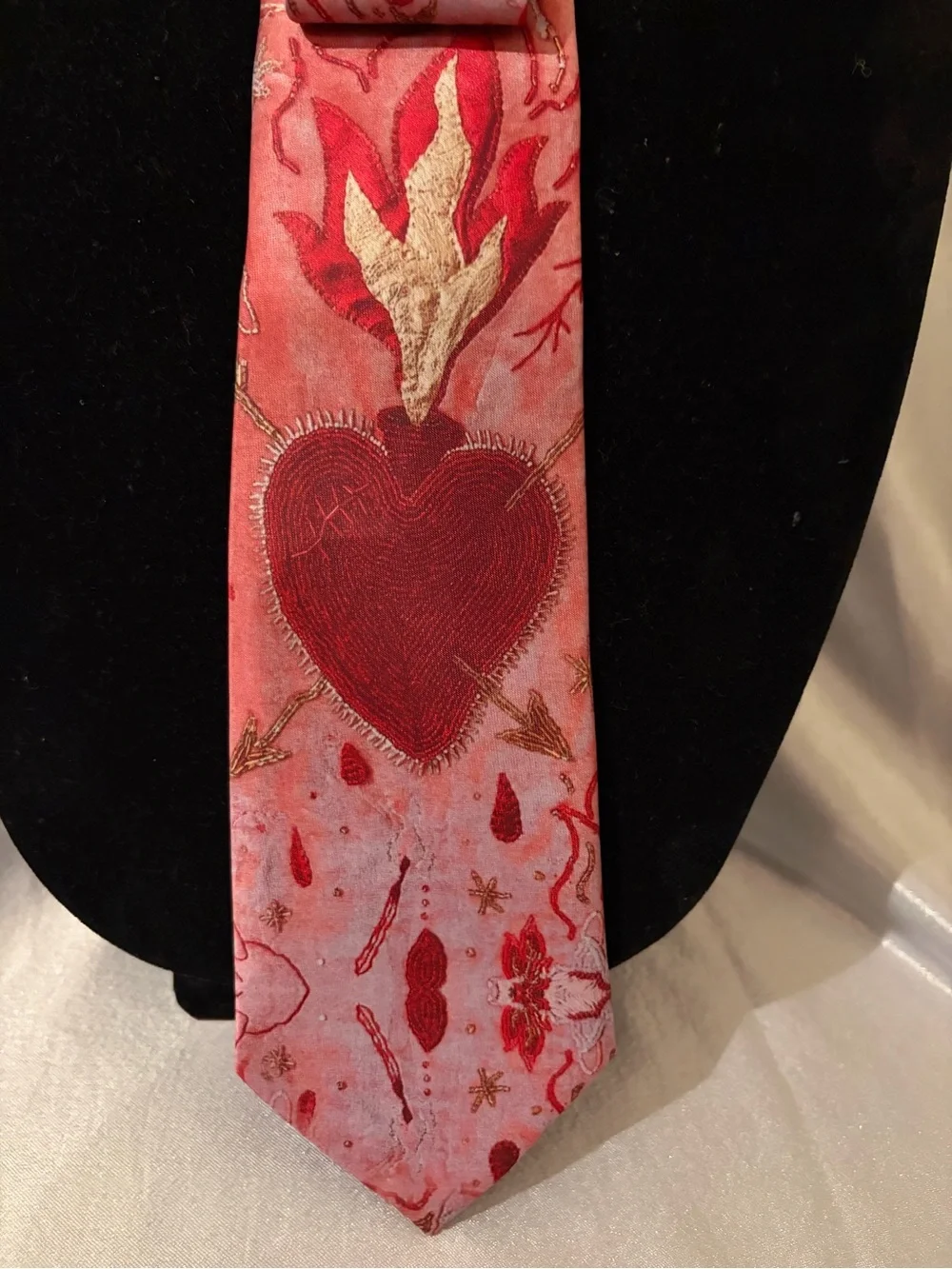 Red Heart Motif Silk Tie Scarf - Women Accessories